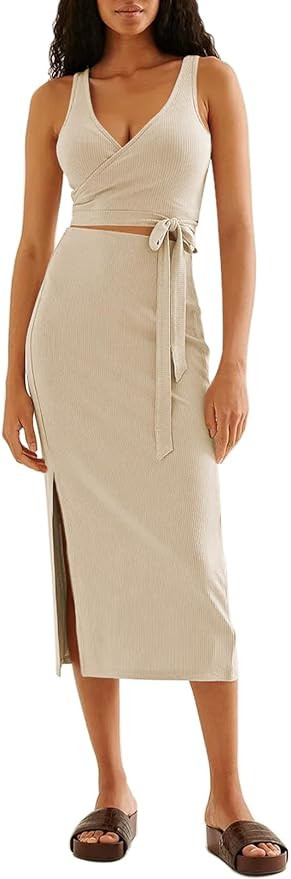 Pink Queen Women's 2 Piece Outfits Wrap V Neck Crop Top Tie Knot Bodycon Slit Skirt Ribbed Knit M... | Amazon (US)