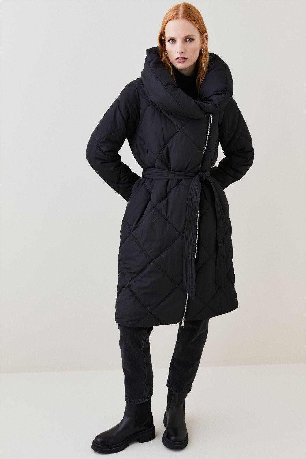 Long Quilted Shawl Collar Puffer Coat | Karen Millen UK + IE + DE + NL