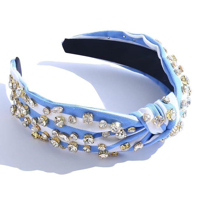FEDANS Knotted Headbands for Women Striped Rhinestone Crystal Embellished Blue White Holiday Fash... | Amazon (US)