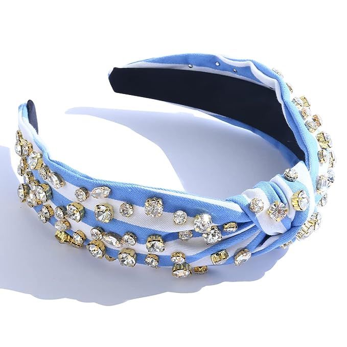 FEDANS Knotted Headbands for Women Striped Rhinestone Crystal Embellished Blue White Holiday Fash... | Amazon (US)