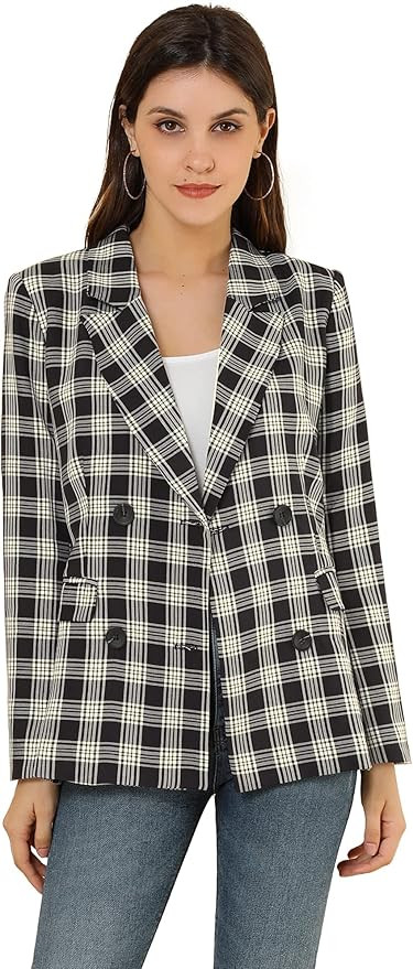 Allegra K Women's Notched Lapel Double Breasted Plaid Work Formal Blazer Jacket | Amazon (US)