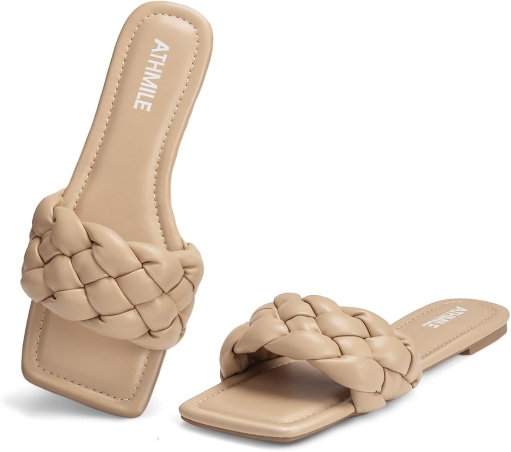 ATHMILE Braided Womens Sandals Square Open Toe Fashion Slide Sandals Women Dressy Summer Flat Bea... | Amazon (US)