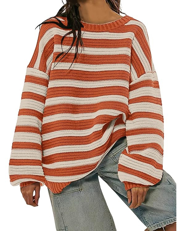 Women's Pullover Oversized Striped Sweaters 2025 Crewneck Batwing Long Sleeve Knit Tops Fall Wint... | Amazon (US)