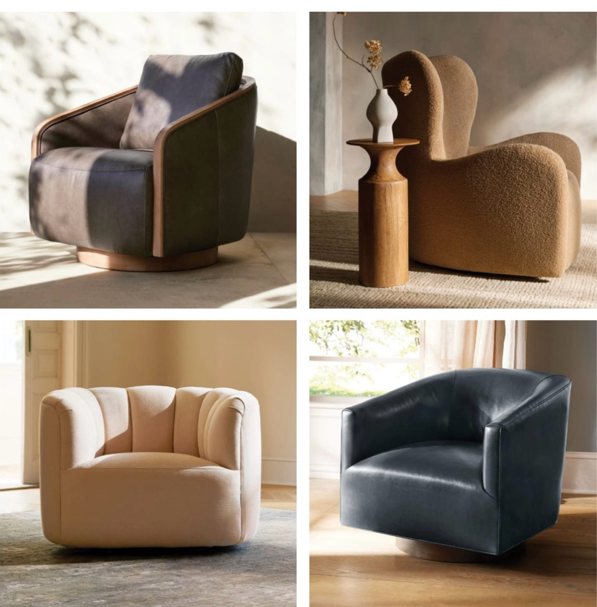 Leather and apolstered swivel chairs by Arhaus 
We all tend to find “our chair” and a swivel is a great start to finding the right one. 
I am a big fan of Arhaus furniture and occasional tables. 


#LTKHome #LTKOver40