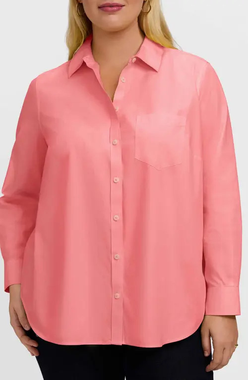 Foxcroft Boyfriend Non-Iron Cotton Blouse in Coral Reef at Nordstrom, Size 14W | Nordstrom