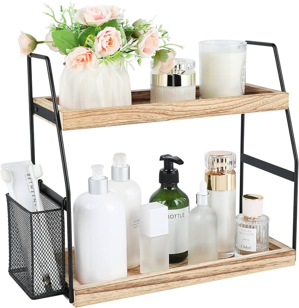 Nroech Bathroom Organizer Countertop, 2-Tier Standing Counter Shelf with Basket, Wood Tray for Ki... | Amazon (US)