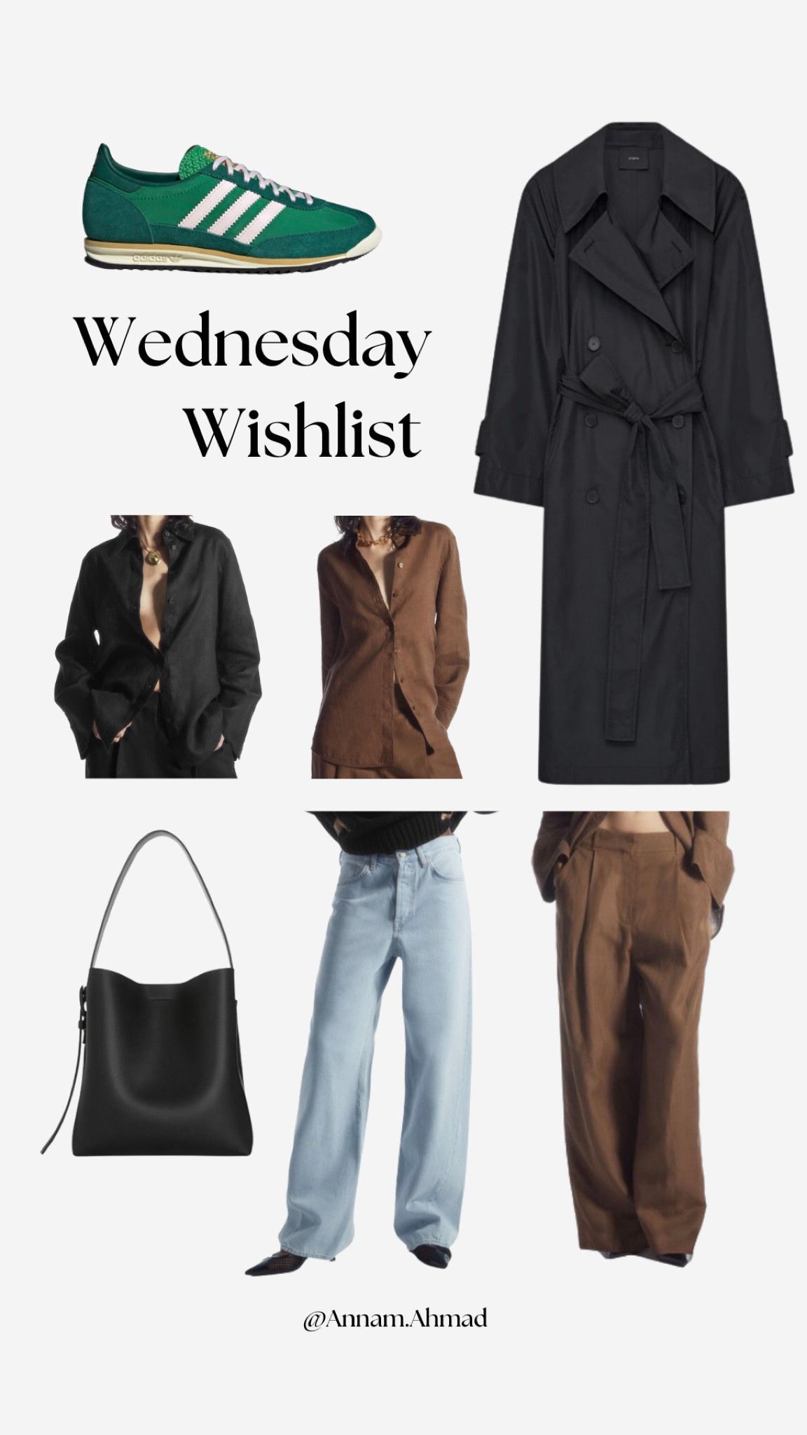 Suede green trainers, sleeved linen shirt in black and brown, leather tote bag, black trench raincoat, blue straight jeans, brown trousers

#LTKeurope #LTKstyletip #LTKSeasonal