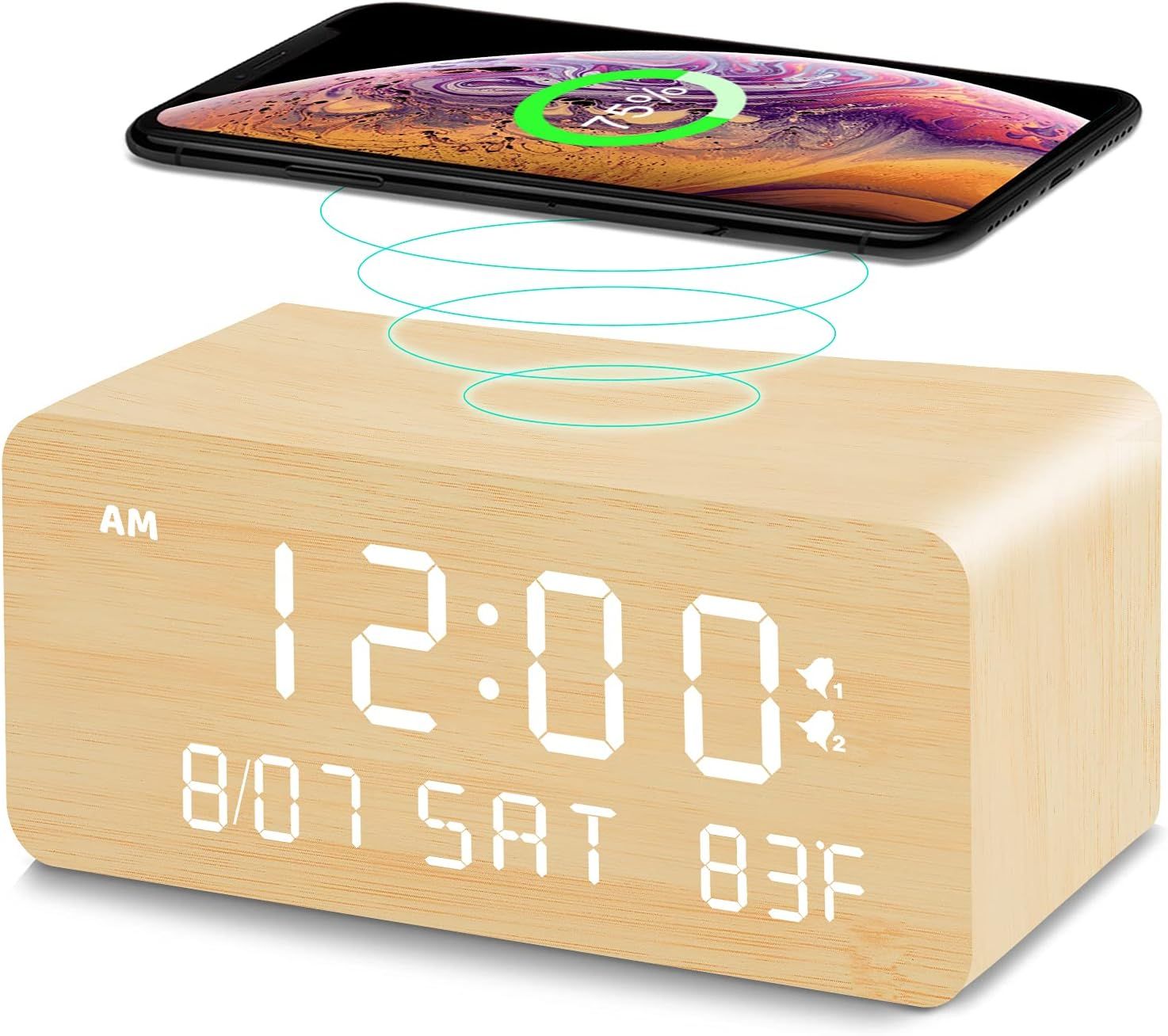 Andoolex Wooden Digital Alarm Clock with Wireless Charging, 0-100% Adjustable Brightness Dimmer a... | Amazon (CA)
