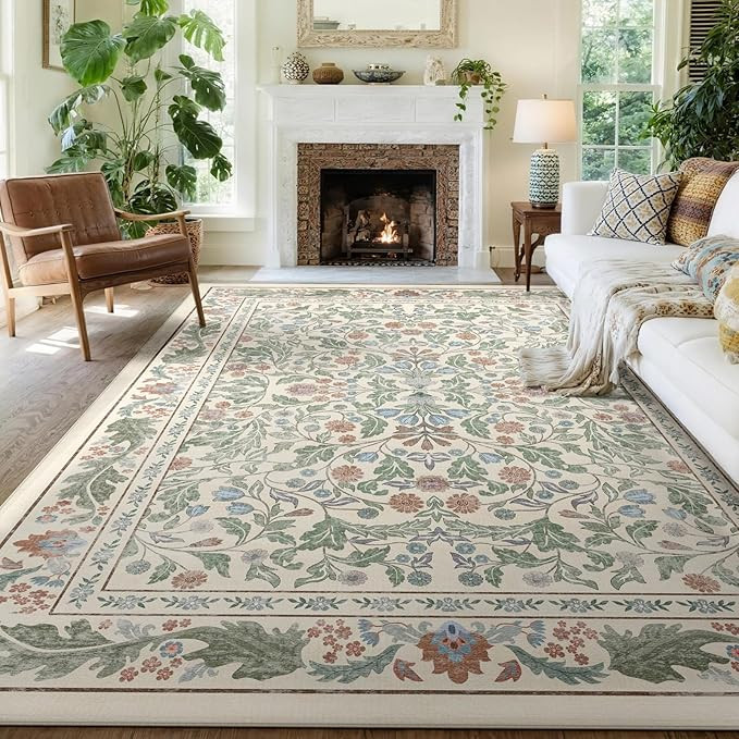 Beige Floral 8x10 Area Rugs for Living Room Large Washable Rug Vintage Forest Low Pile Non Slip S... | Amazon (US)