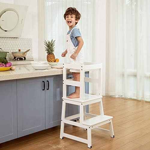 Kitchen Step Stool for Toddlers and Kids with Safety Rails for Kitchen Counter Solid Wood (White) | Amazon (US)