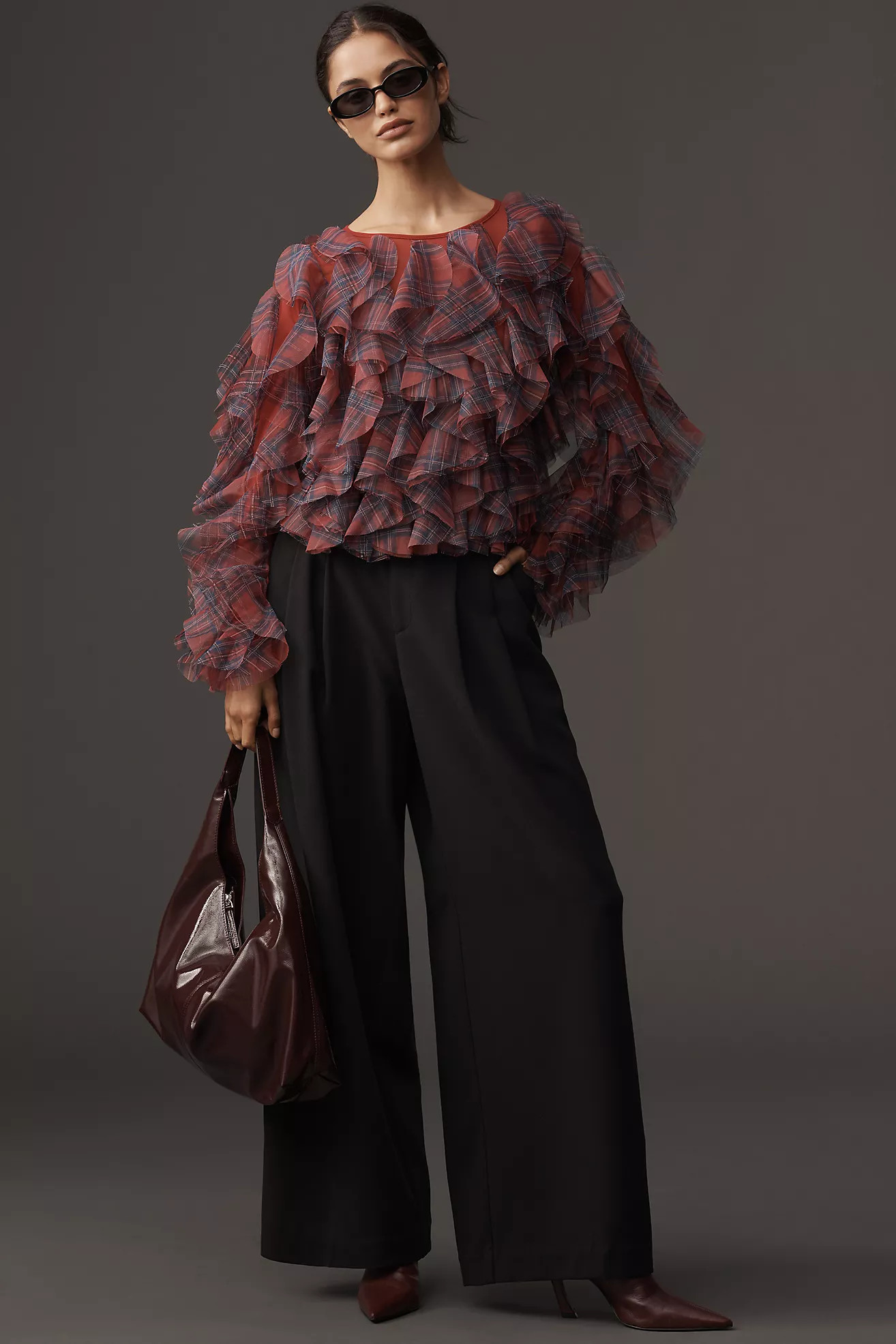 Dolan Left Coast Ruffle Plaid Crew-Neck Blouse | Anthropologie (US)