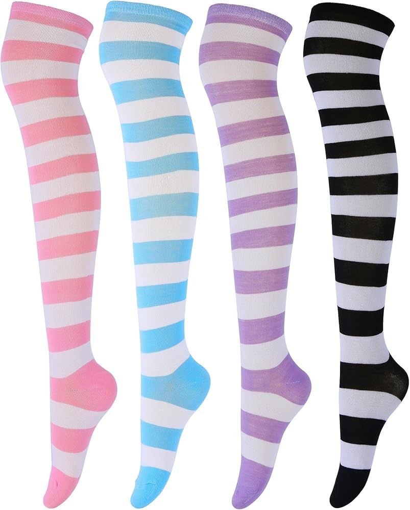 Aneco 4 Pairs Over Knee High Stripe Socks Halloween Cosplay Accessories for Adult Woman | Amazon (US)