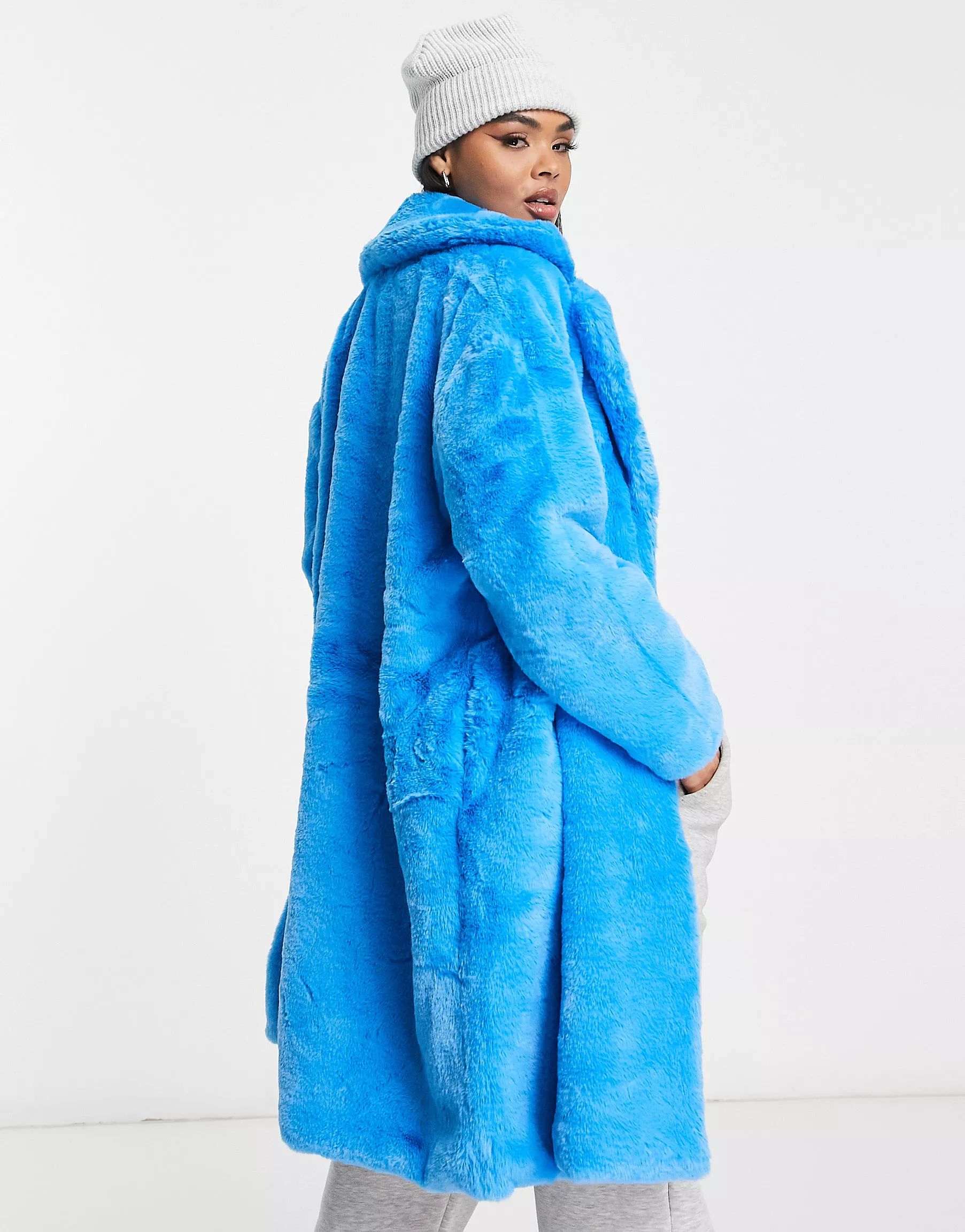 QED London faux fur coat in blue | ASOS (Global)