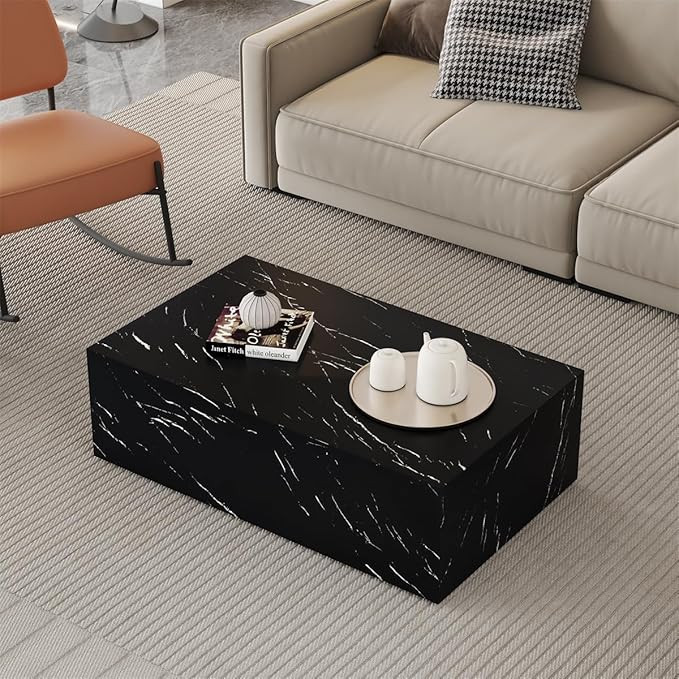 Coffee Table Living Room Table, Modern Black Faux Marble Center Couch Table, Free-Installation, S... | Amazon (US)