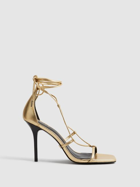 Reiss Gold Kali High Leather Strappy Wrap Sandals | Reiss UK