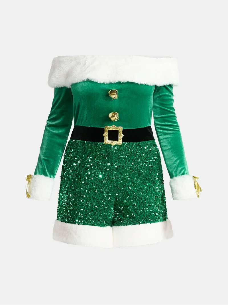 No Boundaries Christmas Elf Romper with Faux Fur, Women’s | Walmart (US)