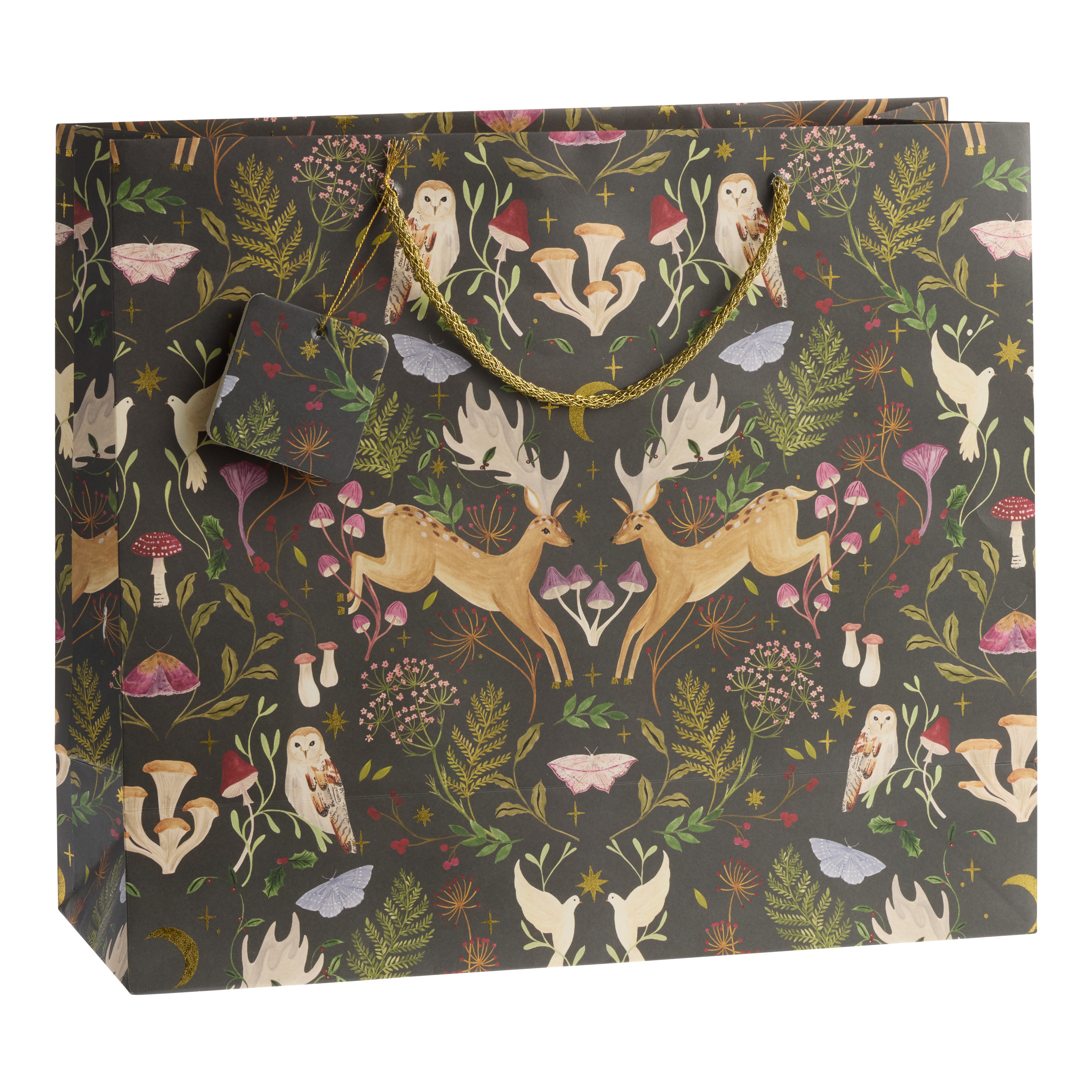 Jumbo Wide Forest Green Deer Print Holiday Gift Bag | World Market