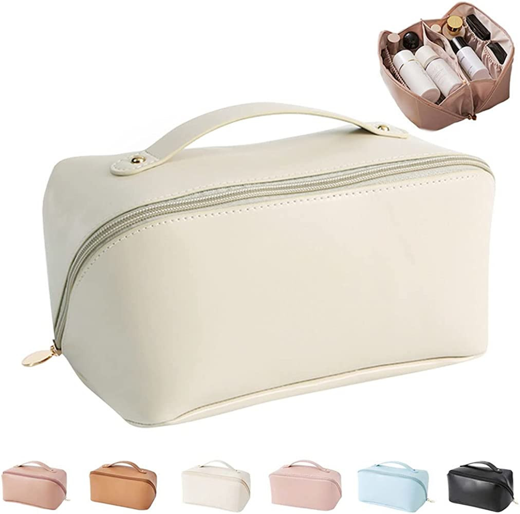 Large Capacity Travel Cosmetic Bag for Women,Travelling Opens Flat Makeup Bag Leather Cosmetic Ba... | Amazon (US)