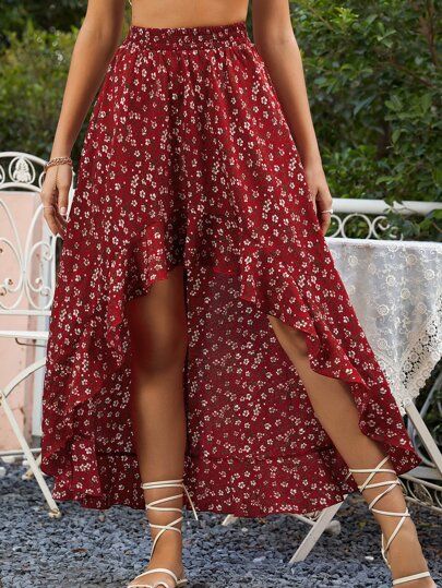 Ditsy Floral Print Ruffle Trim Asymmetrical Skirt | SHEIN
