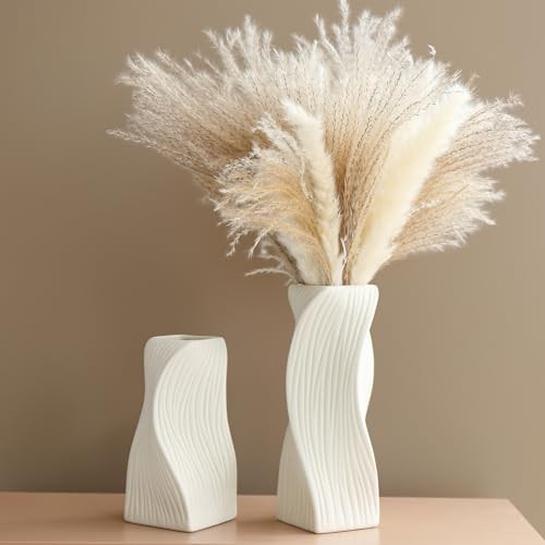 White Ceramic Vase Set of 2 for Modern Home Decor, Geometric Ribbed Fluted Textured Vases Pampas Grass Neutral Nordic Boho Minimalist Flower Vase for Living Room Bedroom Wedding Dining Table Office | Amazon (US)
