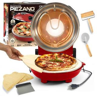 Piezano 12 in. Red Portable Countertop Stone Bake Indoor Grill Electric Oven Pizza Maker w. Dough Roller, Cutter Bundle | The Home Depot