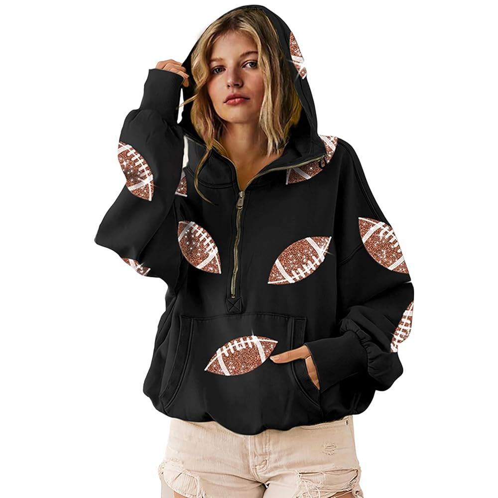 SeekMe Womens Game Day Sweatshirts Football Sequin Hoodies Tailgate Outfits Long Sleeve Zipper Sw... | Amazon (US)