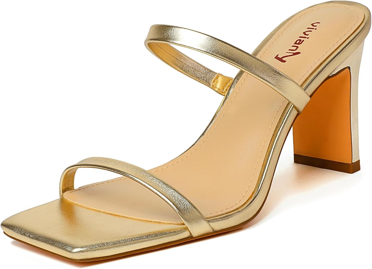 vivianly Womens Two Strap Open Toe Block Heeled Sandal Slip On Square Toe Heels for Women for Wed... | Amazon (US)