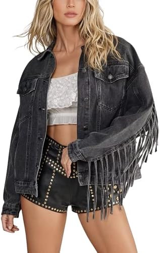 Omoone Women's Oversized Denim Fringed Jacket Tassel Jean Jackets Cowgirl Western Country Concert... | Amazon (US)