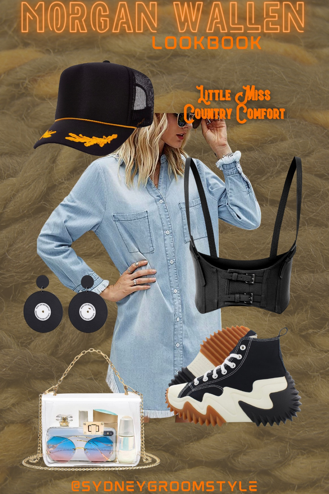 Morgan Wallen concert outfit, denim dress, Harness, black converse platform embroidered trucker hat, gold detail and braid vinyl record earrings clear stadium bag


#LTKunder50 #LTKitbag #LTKunder100