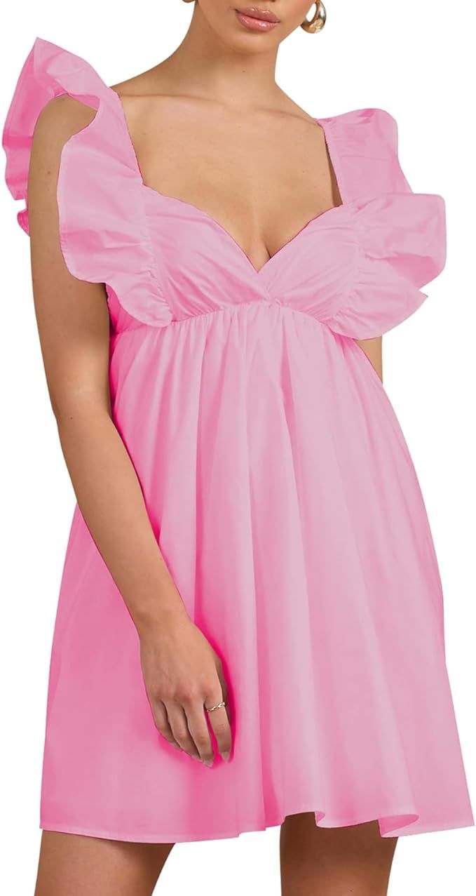 hibshaby Womens Sexy Deep V Neck Ruffle Sleeve Mini Dress Backless Lace Up Summer Dresses | Amazon (US)