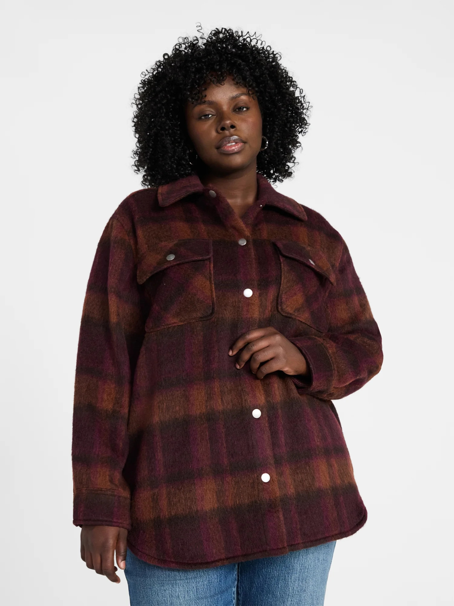 Terra & Sky Women's Plus Long Sleeve Brushed Plaid Shacket, Sizes 0X-5X | Walmart (US)
