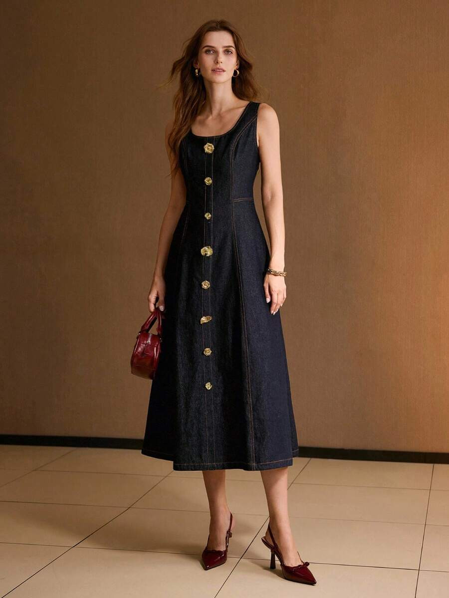 MOTF SCOOP NECK METAL DETAIL FLARE HEM DENIM DRESS | SHEIN