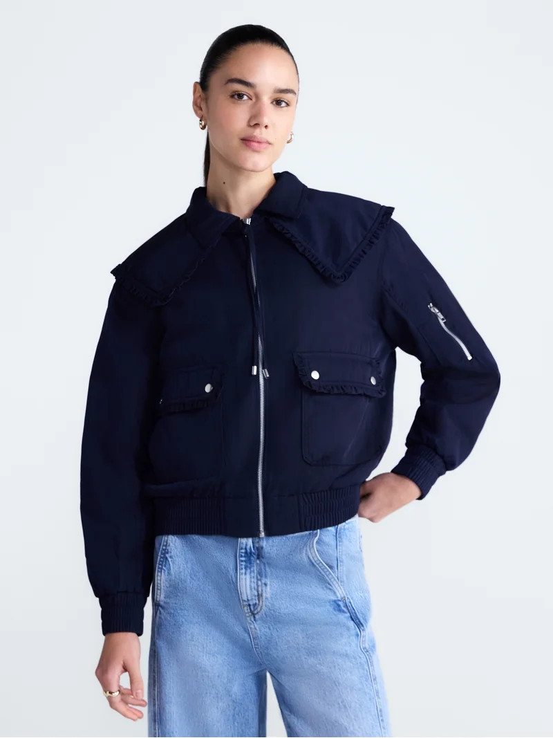 Free Assembly Women's and Women's Plus Ruffle Collar Bomber Jacket, Sizes XS-4X | Walmart (US)
