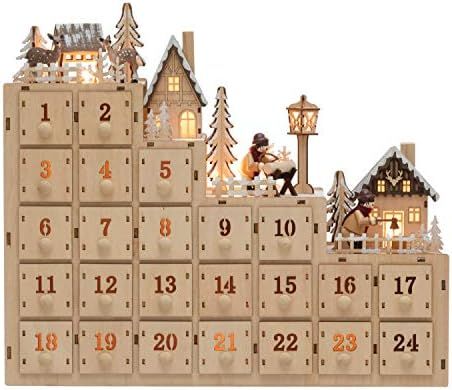 Creative Co-Op 16" L x 4" W x 15-1/4"H Wood Village Advent Calendar w/ 24 Boxes & LED Requires 2-... | Amazon (US)
