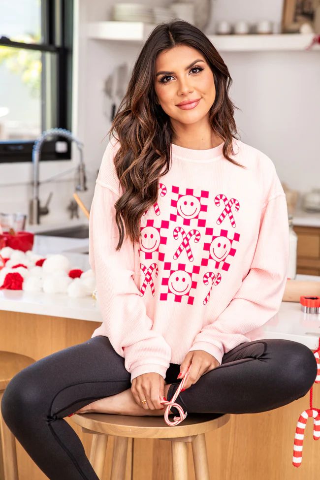 Checkered Candy Cane Pink Corded Graphic Sweatshirt | Pink Lily