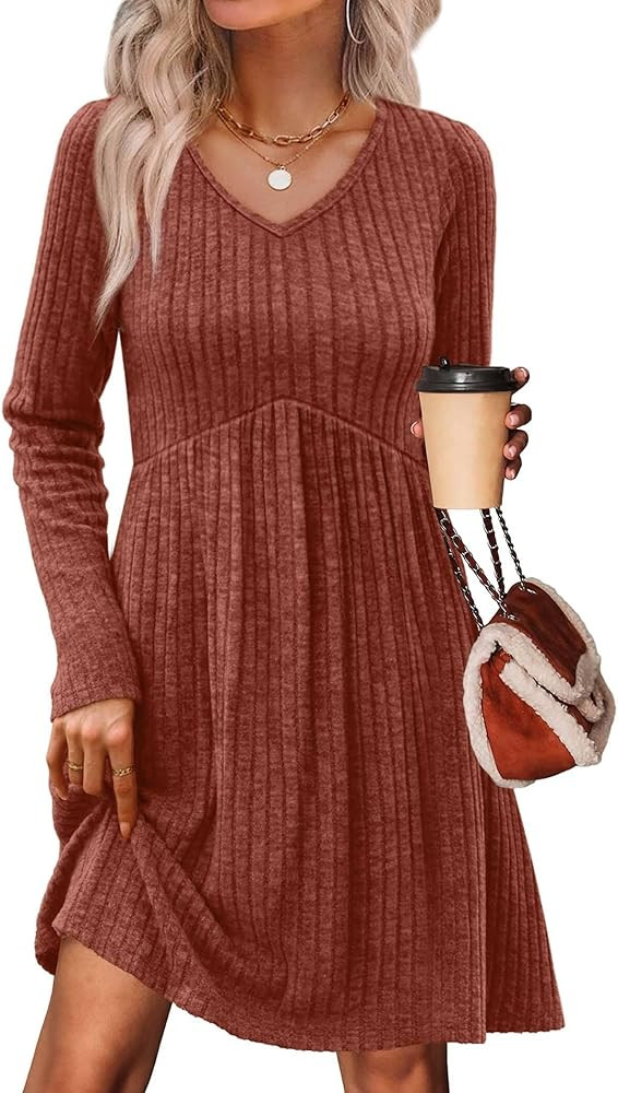 OFEEFAN Long Sleeve Sweater Dress Fall Dresses 2025 V Neck Empire Waist Baby Doll Dresses Women C... | Amazon (US)