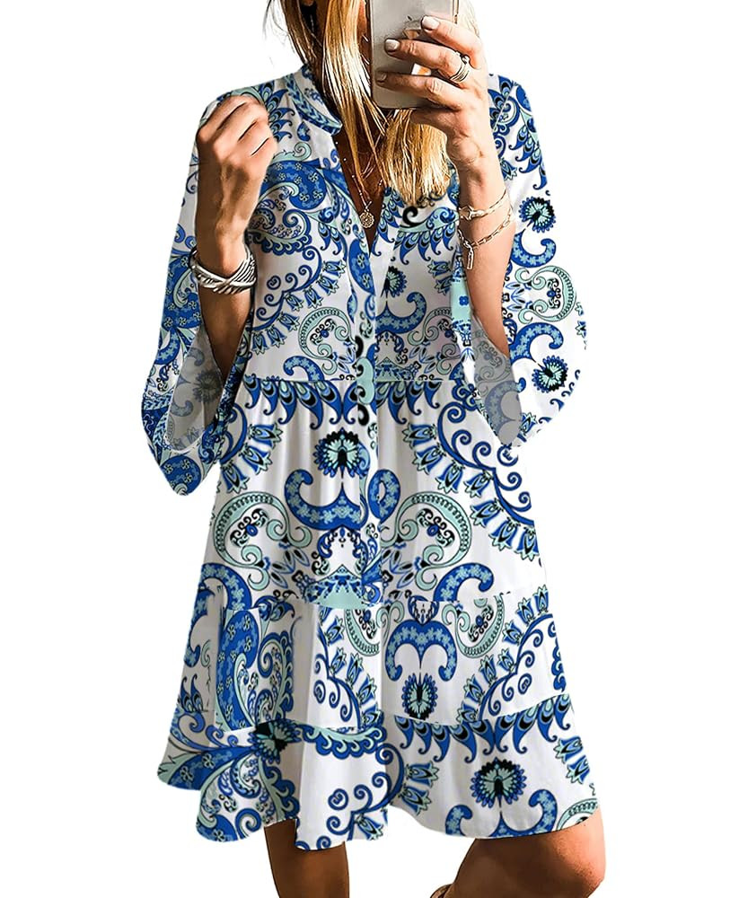 SELINK Womens Long Sleeve Dresses Casual V Neck Tribal Print Button Flowy Boho Mini Beach Dress | Amazon (US)