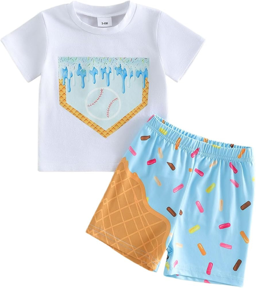 Toddler Baby Boys Baseball Outfits Ice Cream Print Short Sleeve T Shirts Shorts Set 2Pcs Summer C... | Amazon (US)