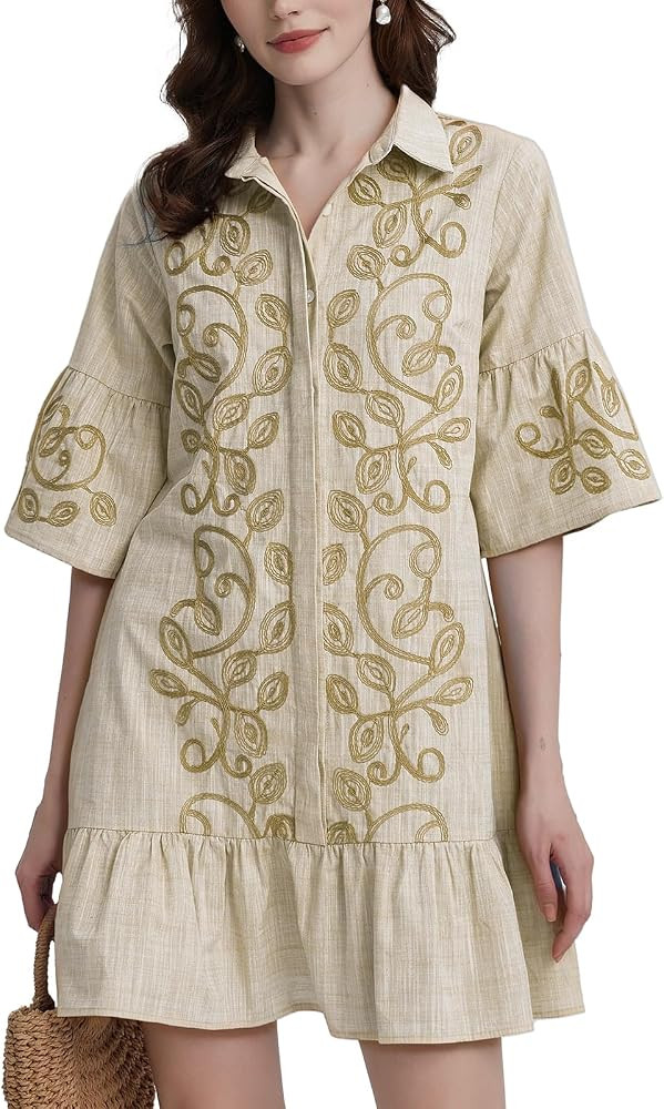 Kedera Women's Summer Button Down Shirt Embroidered Dress Ruffle Sleeve Shift Mini Dresses with P... | Amazon (US)