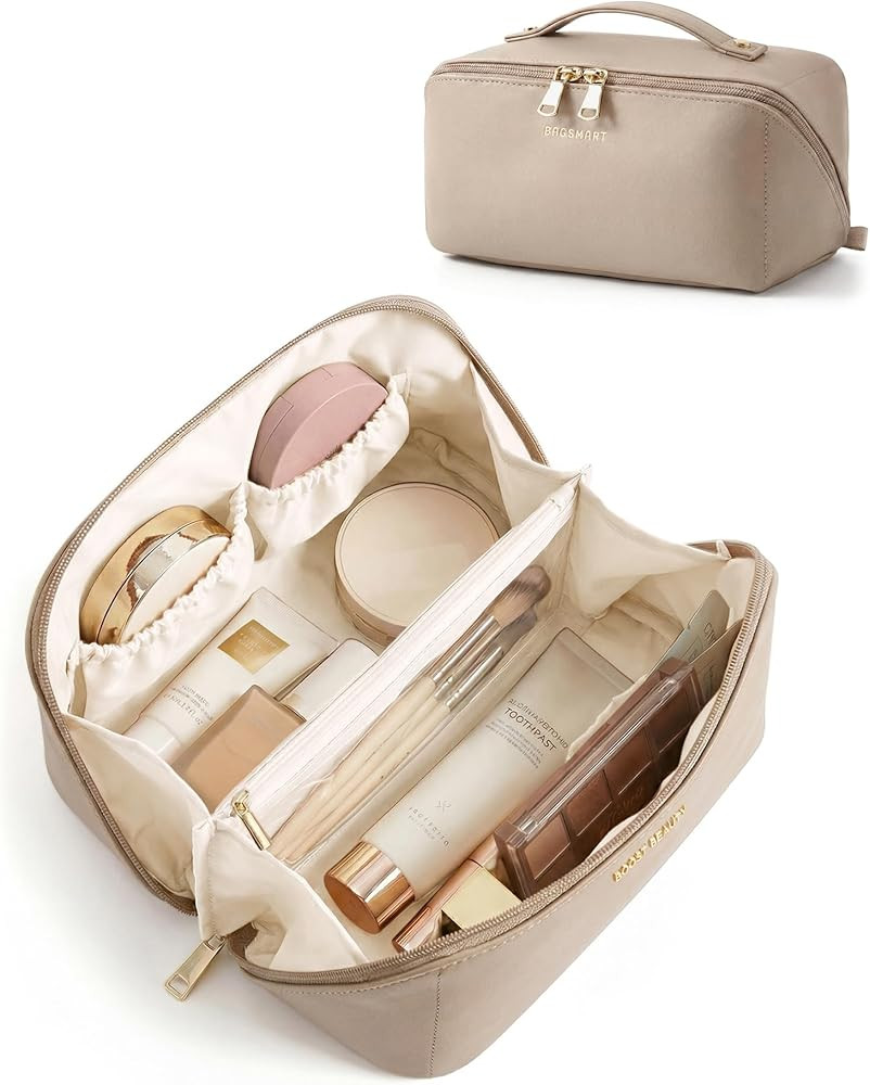 BAGSMART Makeup Bag Travel Cosmetic Bag, Large Make Up Bag Flat Open Toiletry Bag for Women, Wate... | Amazon (US)