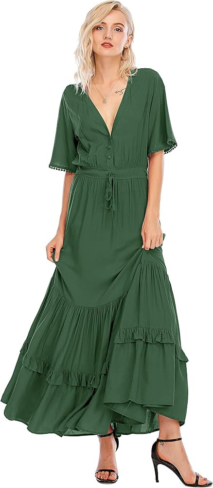 R.Vivimos Womens Summer Cotton Short Sleeve V Neck Floral Print Casual Bohemian Midi Dresses | Amazon (US)