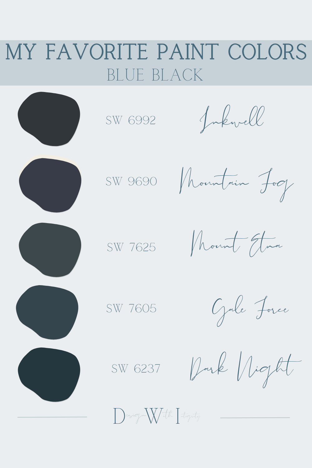 Blue black paint colors are where moody meets sophisticated. They have the richness of a deep charcoal with subtle blue undertones that shift beautifully throughout the day. These are the shades I gravitate toward when a space needs contrast, depth, and a little drama without feeling heavy.

Inkwell is bold and timeless, while Mountain Fog leans softer with a smoky navy feel. Mount Etna creates that perfect stormy blue gray mood, Gale Force adds depth with coastal undertones, and Dark Night is one of my favorite colors for statement cabinetry and intimate spaces that feel layered and collected.

The right dark paint color changes the entire atmosphere of a room. It makes lighting glow warmer, natural textures stand out, and everything feel a little more intentional. Save this palette for your next remodel, share it with a friend planning a moody interior, and tell me which shade you would use in your home.

#interiordesigninspiration #shopltk #paintcolors

blue black paint colors
Sherwin Williams paint
moody interior design
designer favorite paint colors
dark blue interiors
luxury home decor
statement paint colors 

 #LTKHome
