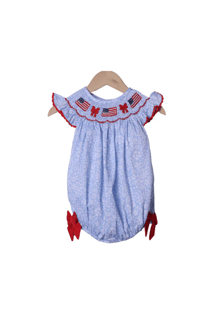 Smocked Flag and Bow Blue Floral Bubble | The Smocked Flamingo