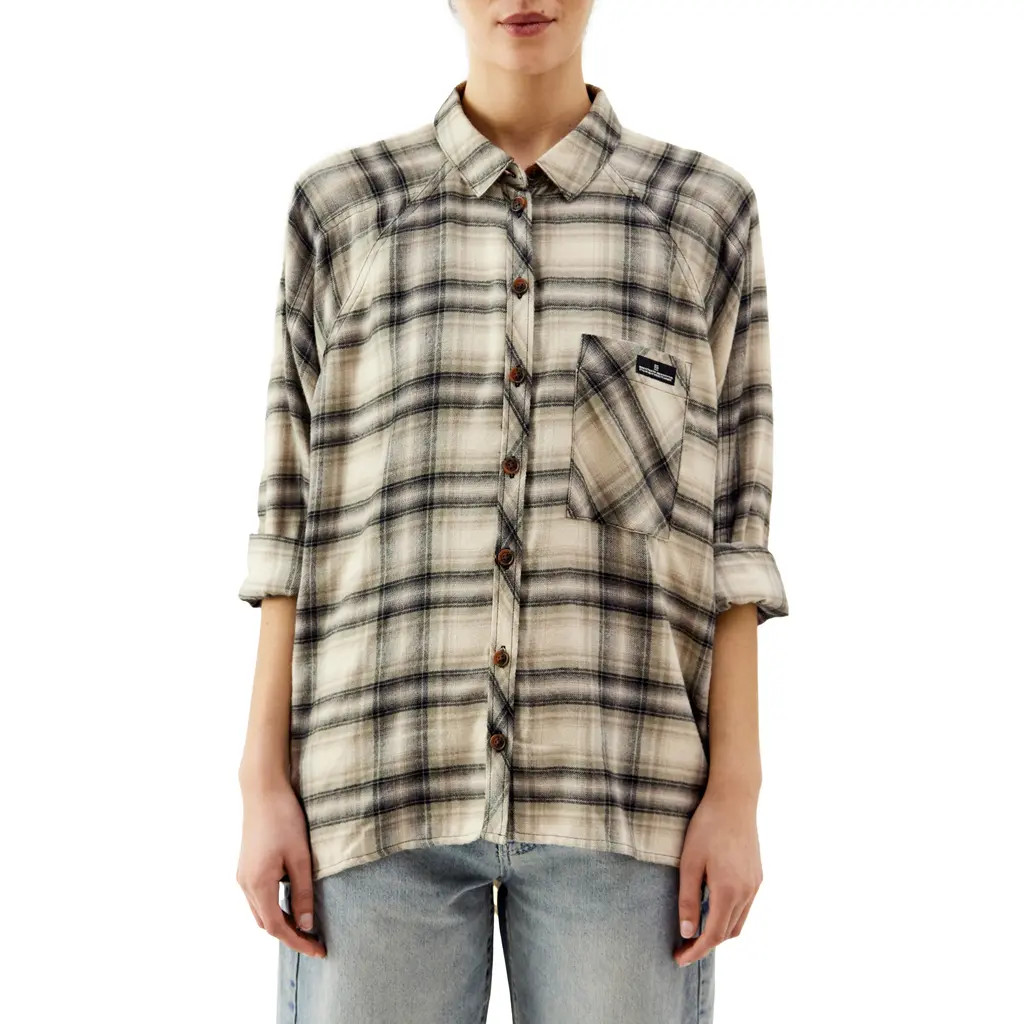 BDG Urban Outfitters Plaid High-Low Hem Button-Up Shirt in Khaki at Nordstrom, Size Large | Nordstrom