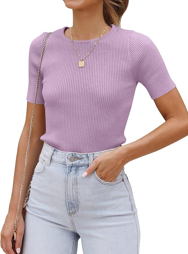ZESICA Women's Short Sleeve Crewneck T Shirt 2024 Summer Ribbed Knit Slim Fit Basic Solid Color T... | Amazon (US)