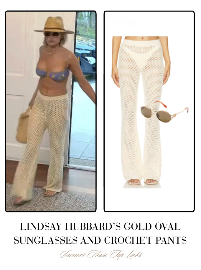 Lindsay Hubbard's Gold Oval Sunglasses and Crochet Pants 

 
