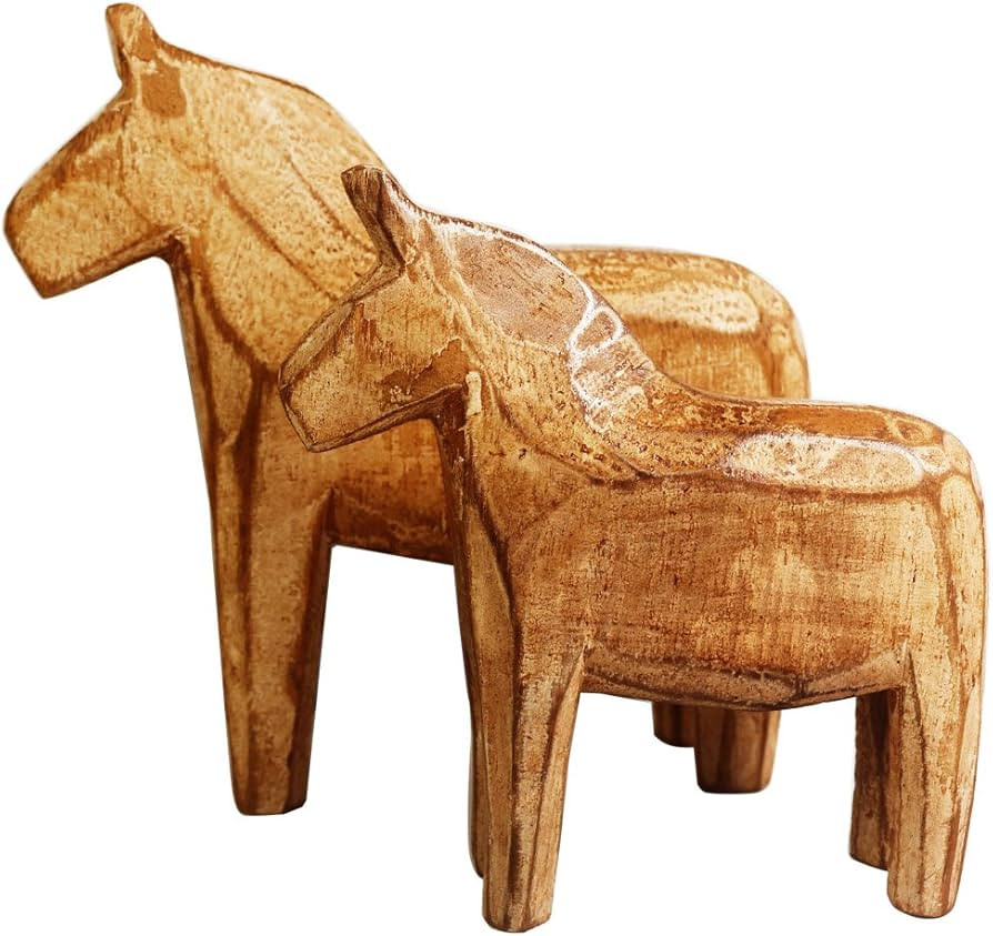 KiaoTime Set of 2 Neutral Painting Dala Horse - Swedish Dala Horse Statue - Vintage Unfinished Wo... | Amazon (US)
