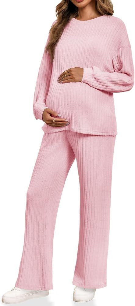 Yousify Womens Maternity Pajamas Sets 2 Piece Outfits Ribbed Knit Long Sleeve Tops Pants Loungewe... | Amazon (US)