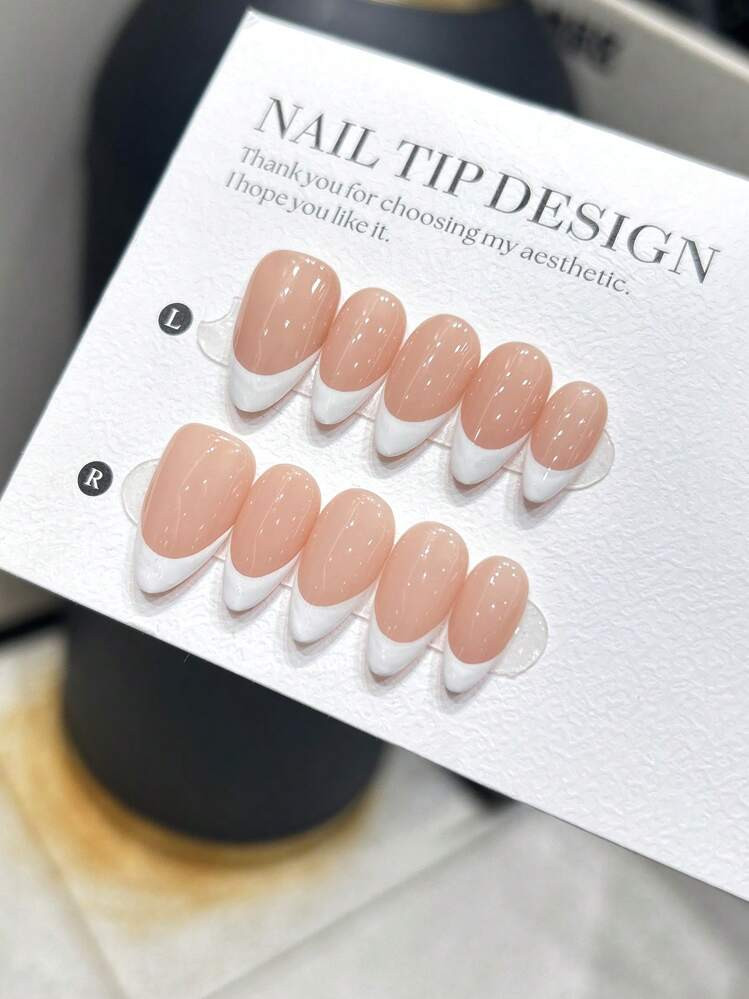 10Pcs/Set Almond Shaped Handmade Nail Tips, Simple Style, Handpainted White French Tip On Nude Color Nail Bed, Premium Acrylic False Nails, Suitable For Women And Girls Daily Wear, With Nail Accessories Press On Nails Nail Supplies Nails | SHEIN