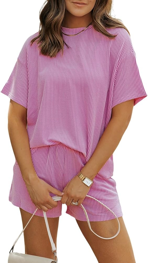 MARZXIN Women's 2 Piece Outfits Summer Tracksuit Ribbed Textured Knit Loose Lounge Shorts Set | Amazon (US)